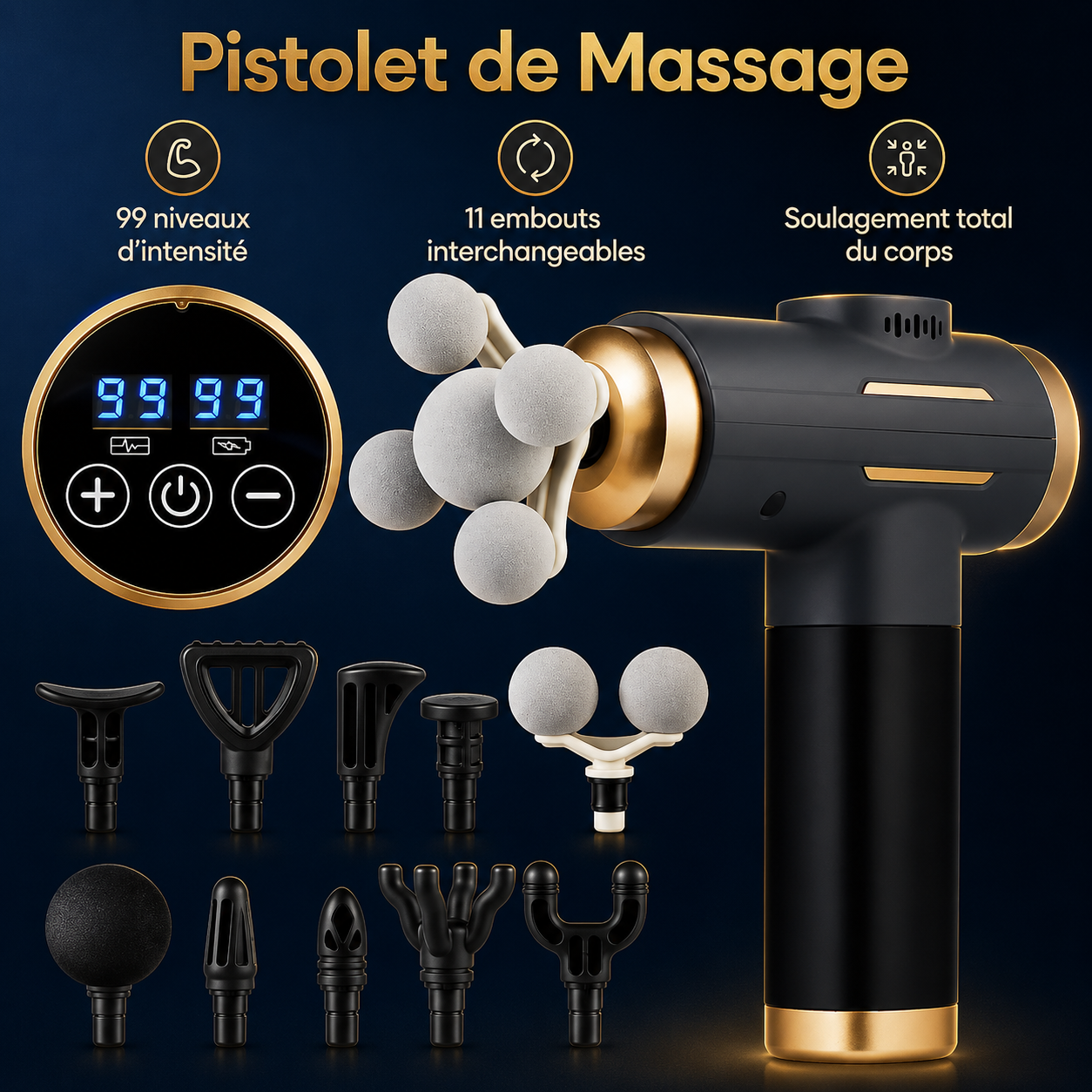 Paxéo Pro — Pistolet de Massage 11 Embouts | 99 Niveaux