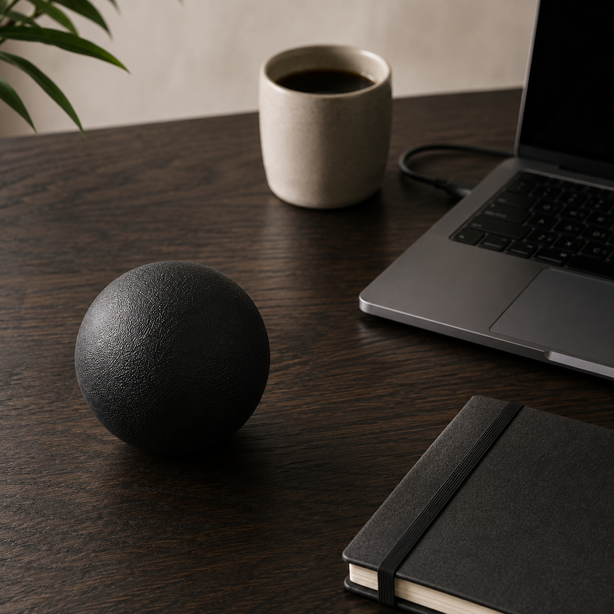 Paxéo Ball posée sur un bureau en bois, entourée d'un ordinateur portable et d'un café, ambiance télétravail