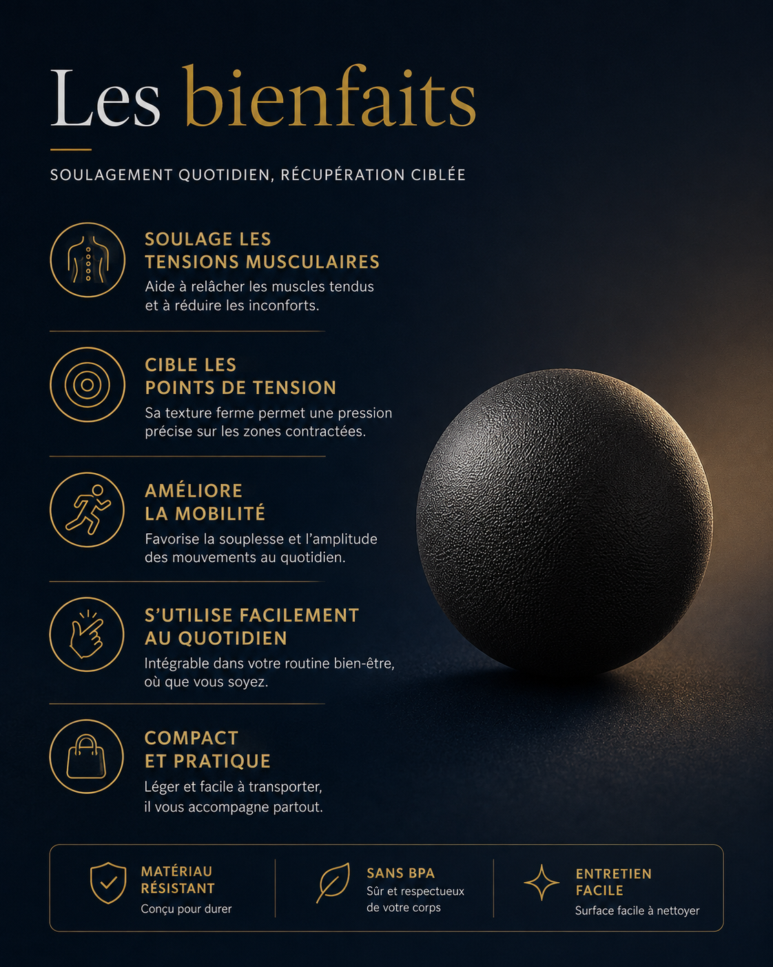 Les bienfaits de la Paxéo Ball : soulage les tensions musculaires, cible les points de tension, améliore la mobilité, compacte et facile d'entretien