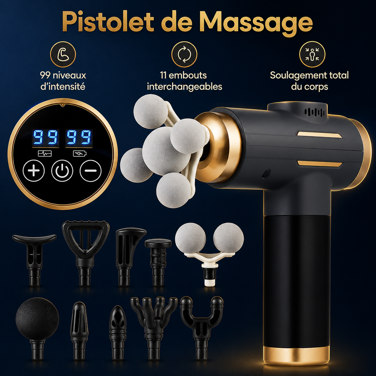 Pistolet de massage Paxéo Pro : écran 99 niveaux d'intensité, 11 embouts interchangeables et soulagement total du corps