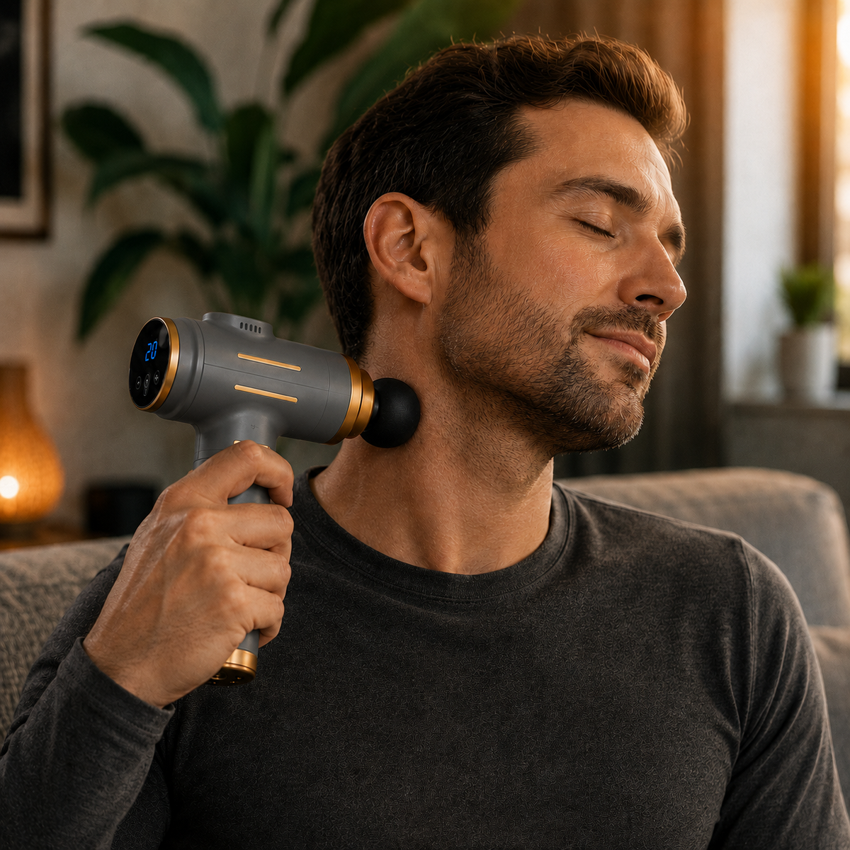 Homme utilisant le Paxéo Pro sur la nuque après une journée de télétravail